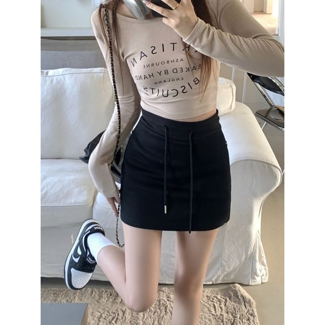 Drawstring Waist Solid Mini Straight Skirt