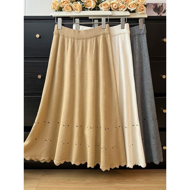 Eyelet-Embellished High-Rise Midi Flare Skirt
