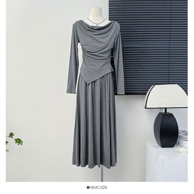 Asymmetric Cowl-Neck Top with High-Rise Flared Skirt Set
