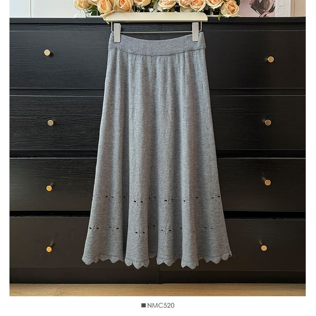 Eyelet-Embellished High-Rise Midi Flare Skirt