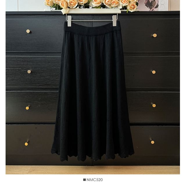Eyelet-Embellished High-Rise Midi Flare Skirt