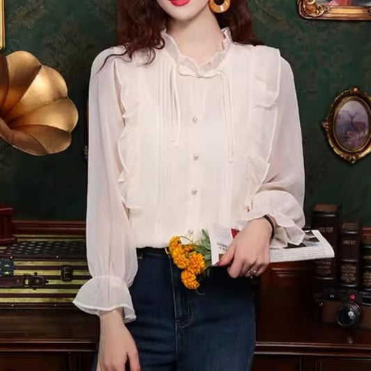 Puff-Sleeve Plain Ruffle Blouse