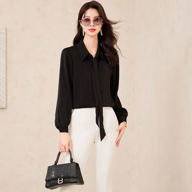 Long-Sleeve Button-Up Shirt with Mini Pencil Skirt, Flared Pants, and Scarf Set