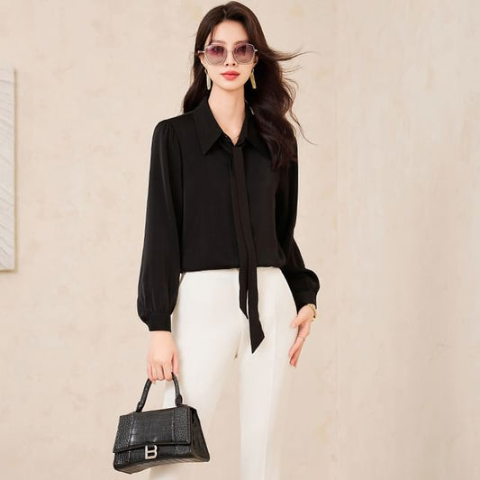 Long-Sleeve Button-Up Shirt with Mini Pencil Skirt, Flared Pants, and Scarf Set