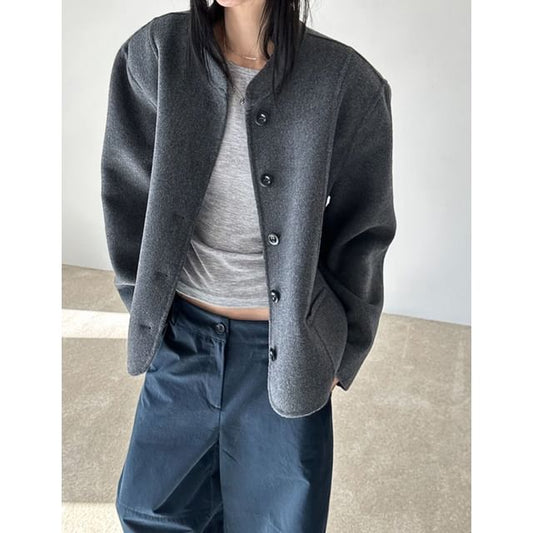 Plain Button-Up Woolen Jacket