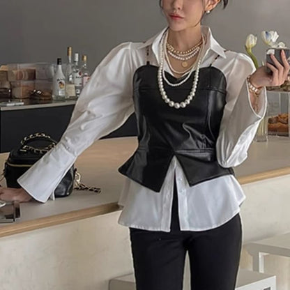 Puff Sleeve Collared Plain Shirt / Faux Leather Cami Top