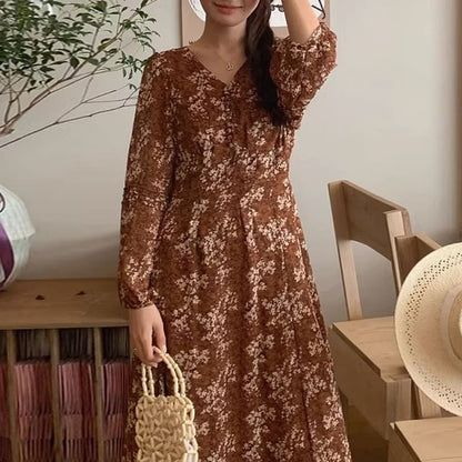 Long Sleeve Floral V-Neck Maxi A-Line Dress