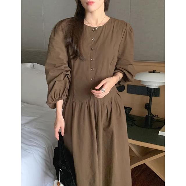 Lantern Sleeve Round Neck Plain Midi A-Line Dress