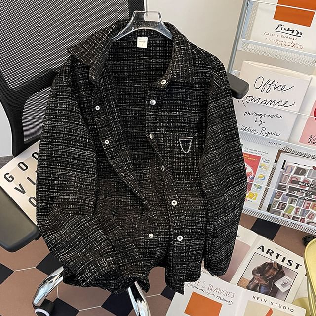 Collared Chained Button-Up Tweed Jacket
