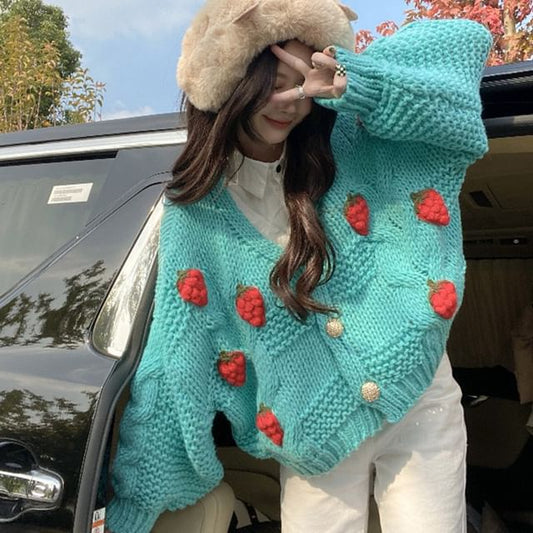 3D-Strawberry Crochet-Knit V-Neck Cardigan