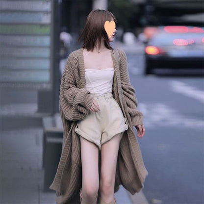 Oversized Open-Front V-Neck Long Cardigan