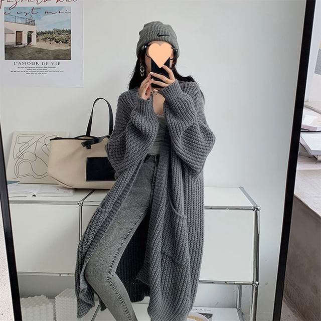 Oversized Open-Front V-Neck Long Cardigan