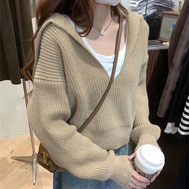 Cropped Sailor-Collar Loose Knit Sweater