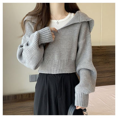 Cropped Sailor-Collar Loose Knit Sweater