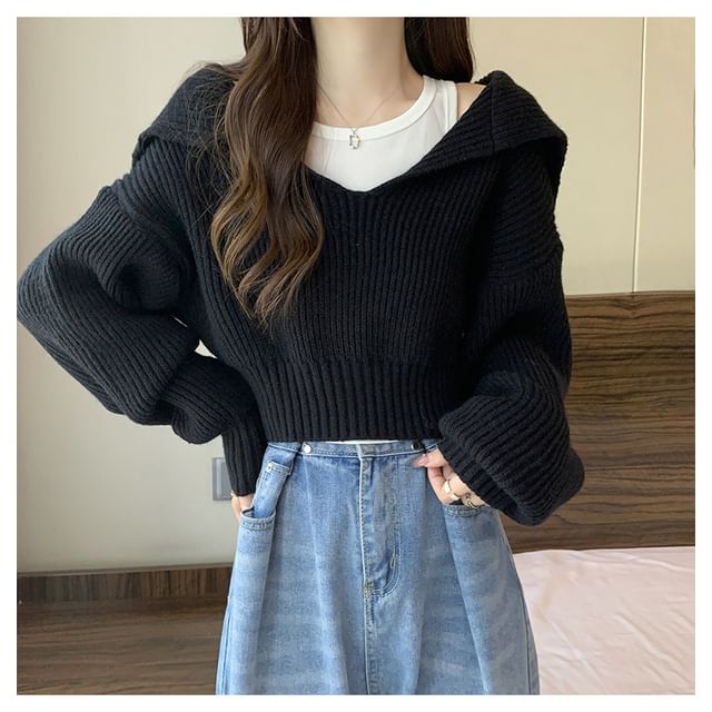 Cropped Sailor-Collar Loose Knit Sweater