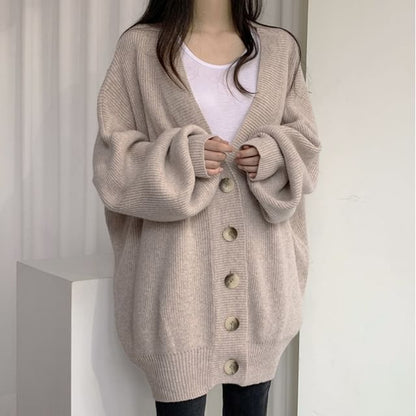 Oversized Bubble-Sleeve V-Neck Cardigan