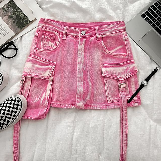High-Rise Denim Cargo Mini Flare Skirt