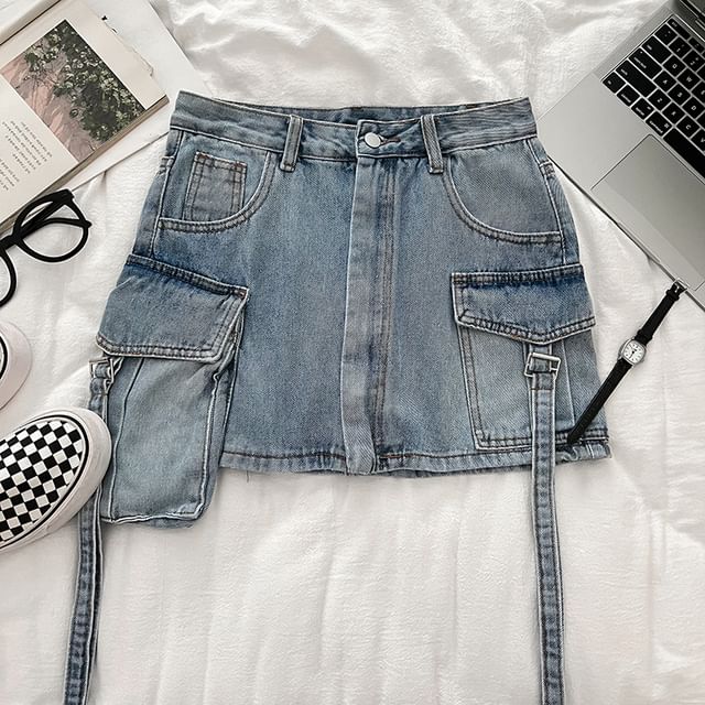 High-Rise Denim Cargo Mini Flare Skirt