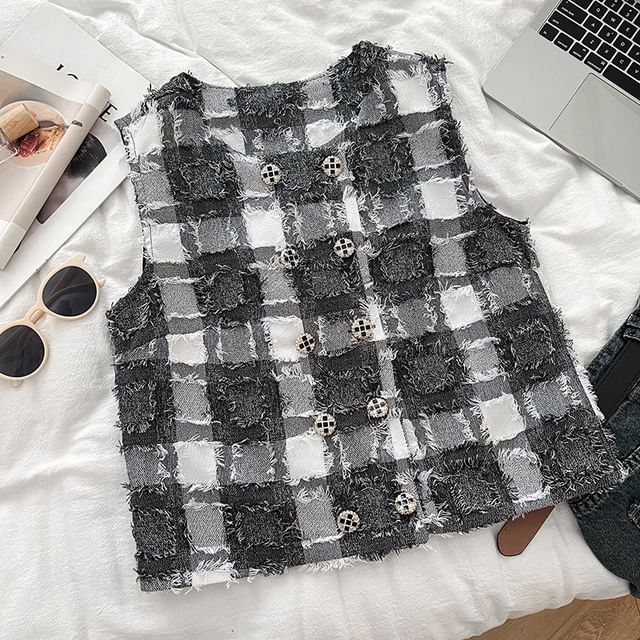 Round Neck Plaid Double Breasted Vest