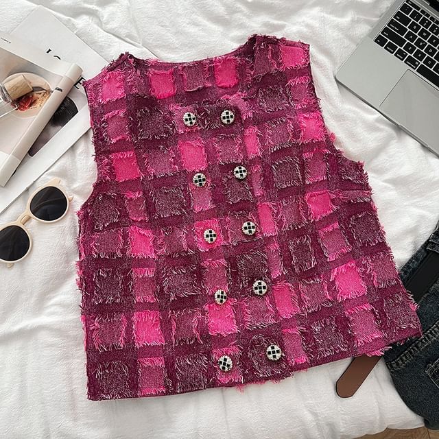 Round Neck Plaid Double Breasted Vest