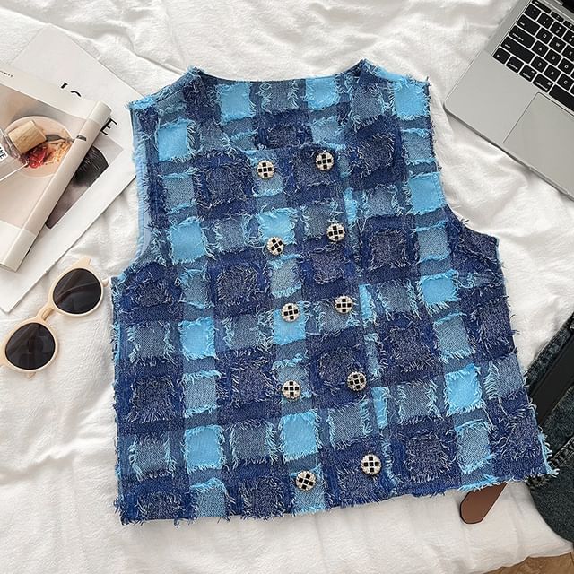 Round Neck Plaid Double Breasted Vest