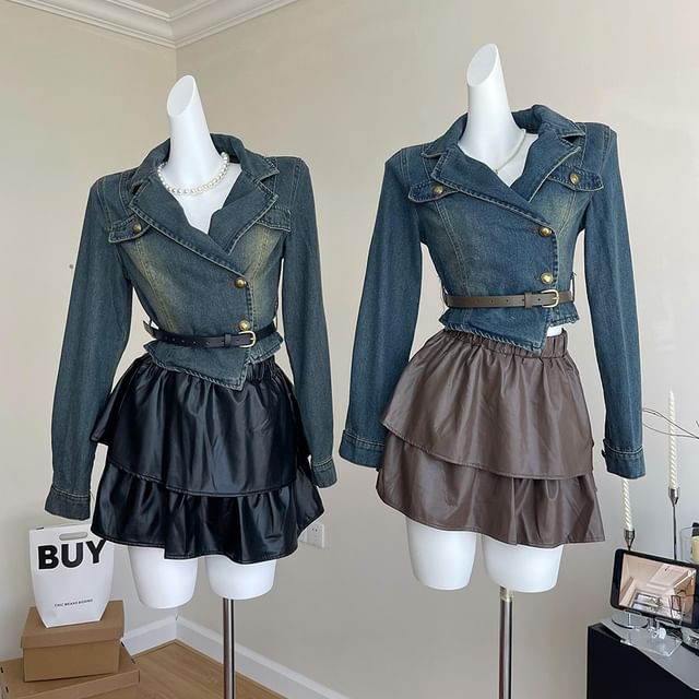 Set: Lapel Collar Denim Jacket + Faux Leather Mini Skirt + Belt