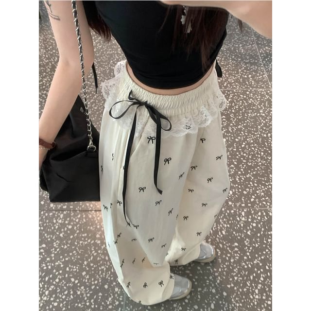 High Rise Ribbon Print Wide Leg Pants