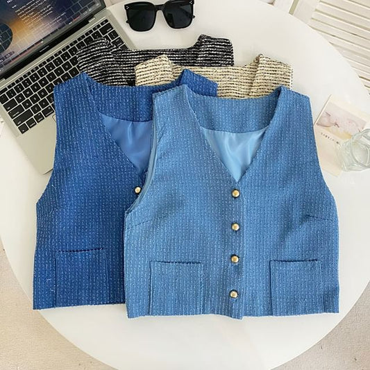 V-Neck Tweed Button-Up Vest