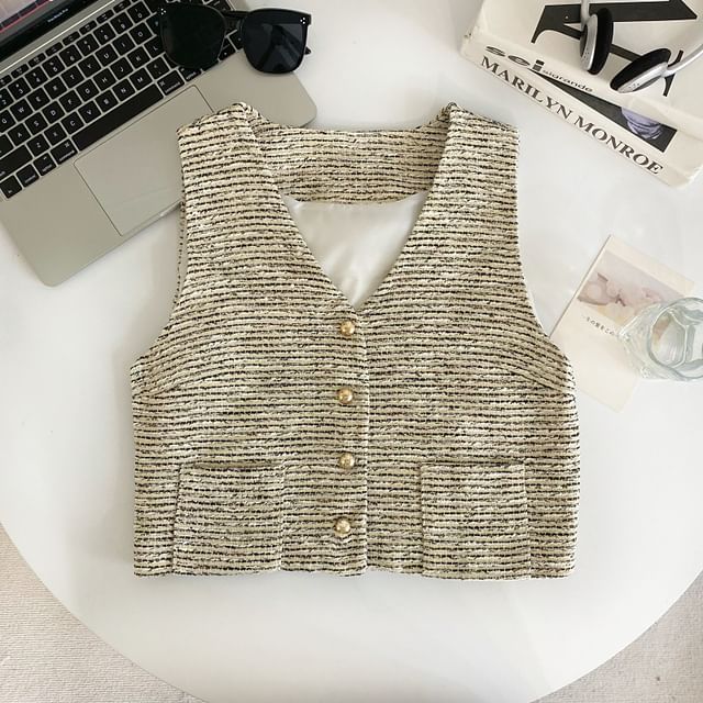V-Neck Tweed Button-Up Vest