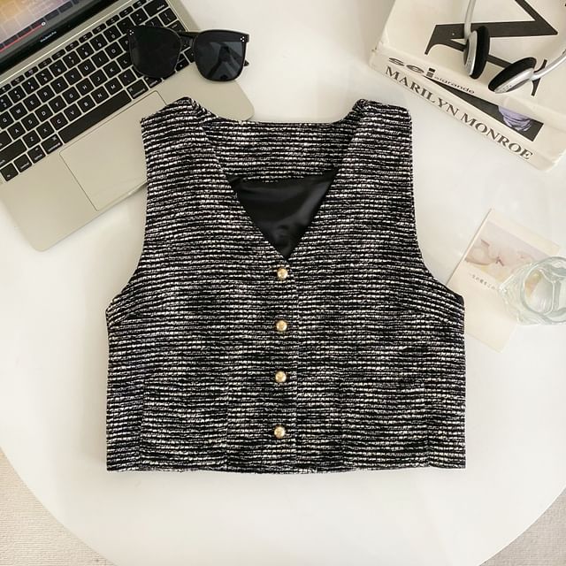 V-Neck Tweed Button-Up Vest