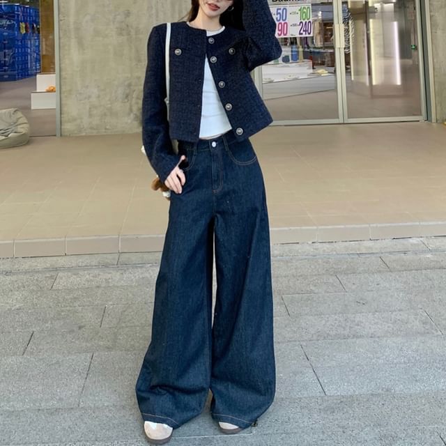 Round Neck Button-Up Tweed Crop Jacket / Plain Tank Top / Mid Rise Washed Wide Leg Jeans