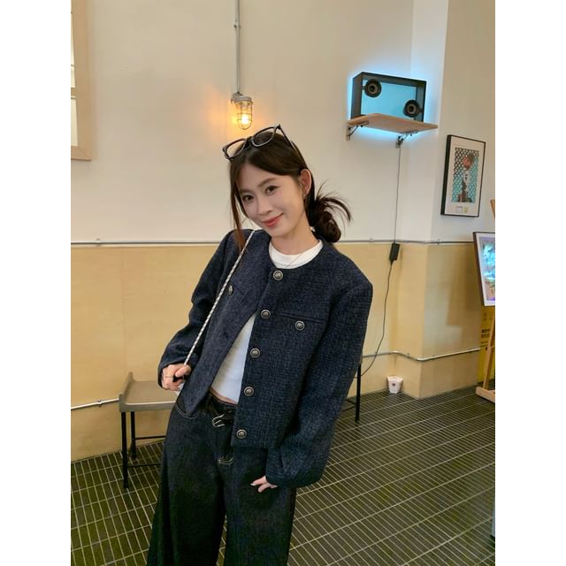 Crew Neck Plain Button-Up Tweed Crop Jacket / Mid Rise Washed Wide Leg Jeans