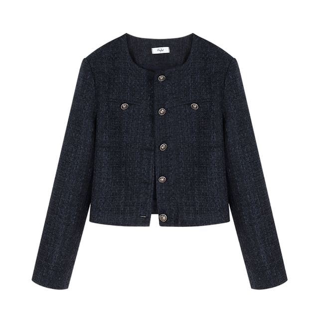 Round Neck Button-Up Tweed Crop Jacket / Plain Tank Top / Mid Rise Washed Wide Leg Jeans