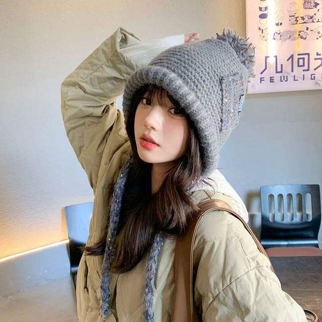 Earflap Hat Melange Pom