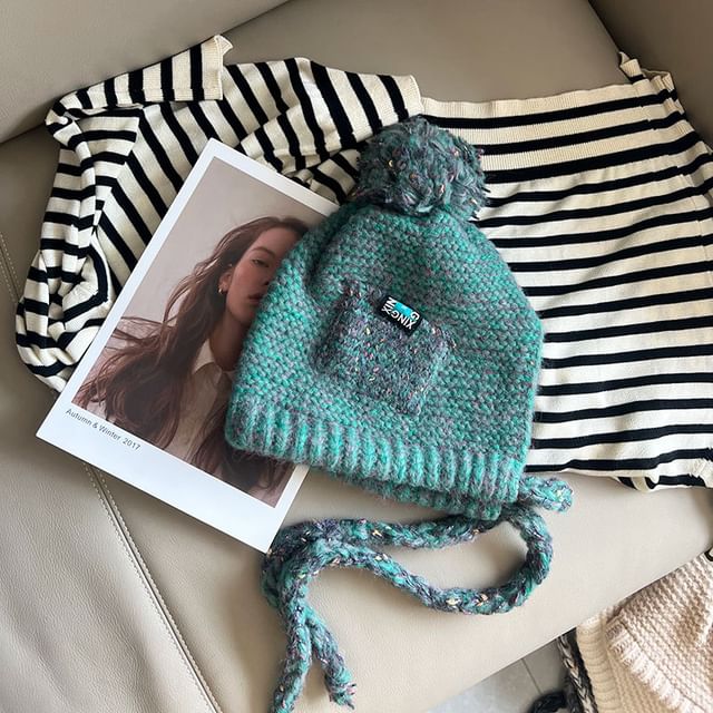 Earflap Hat Melange Pom