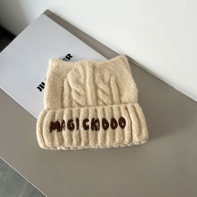 Embroidered Cable Lettering Knit Beanie