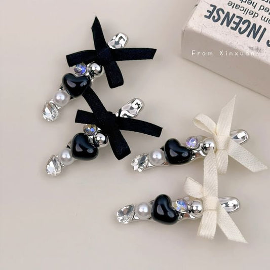 Heart Rhinestone Bow Accent Hair Clip