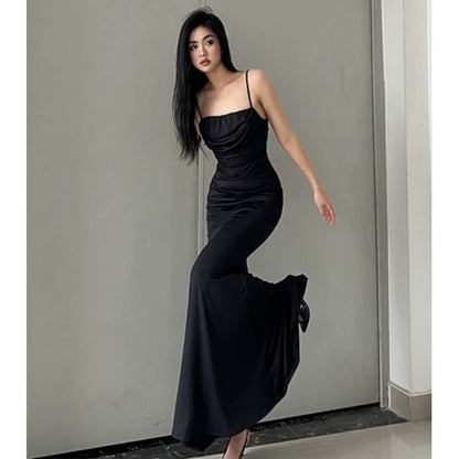 Spaghetti Strap Cowl Neck Plain Ruched Mermaid Evening Dress