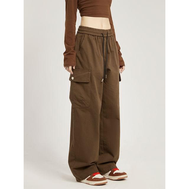 Low Rise Plain Pocket Loose-Fit Wide-Leg Sweatpants