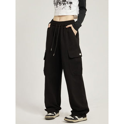 Low Rise Plain Pocket Loose-Fit Wide-Leg Sweatpants