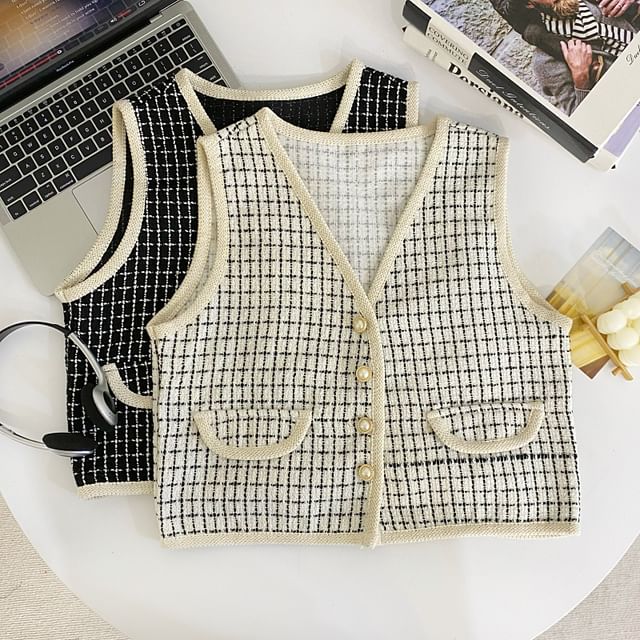 V-Neck Plaid Tweed Button Cropped Vest