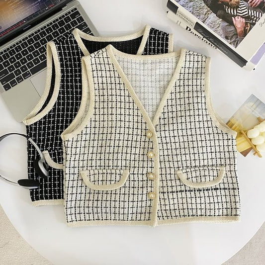 V-Neck Plaid Tweed Button Cropped Vest