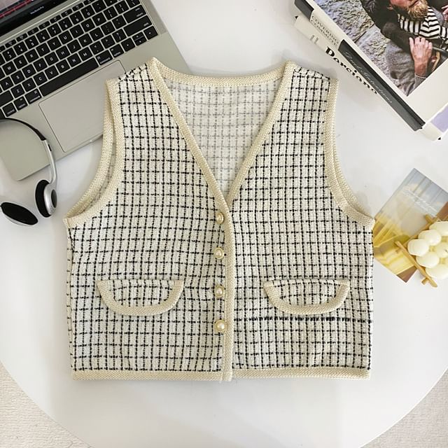 V-Neck Plaid Tweed Button Cropped Vest
