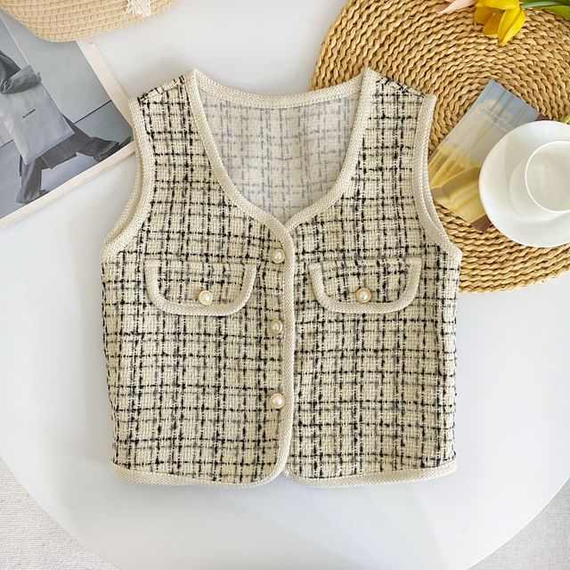 V-Neck Houndstooth Button Cropped Vest