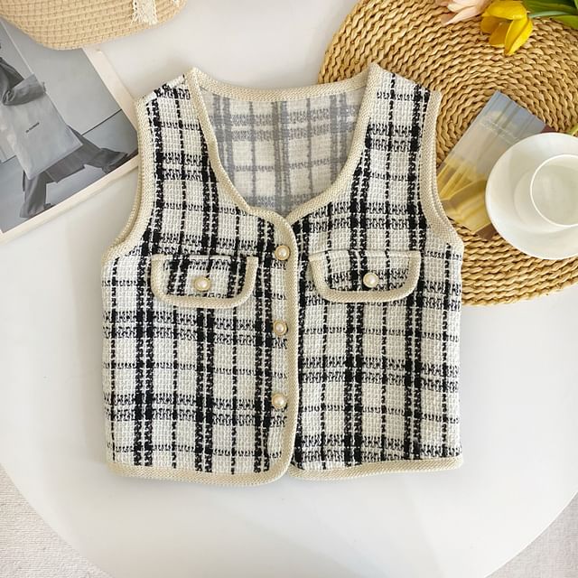 V-Neck Houndstooth Button Cropped Vest