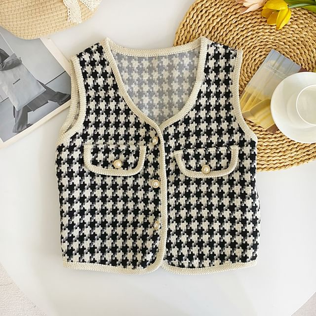 V-Neck Houndstooth Button Cropped Vest