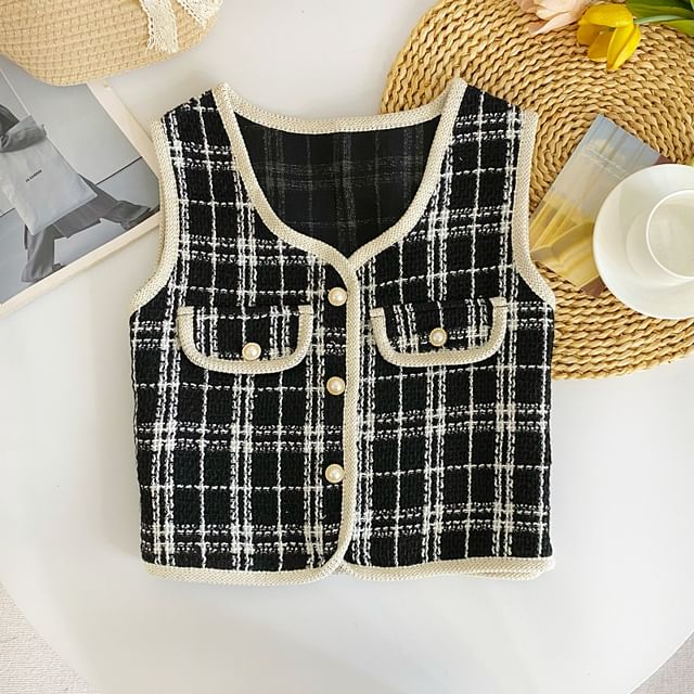 V-Neck Houndstooth Button Cropped Vest