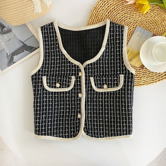 V-Neck Houndstooth Button Cropped Vest