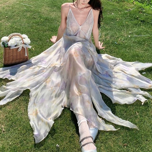 Spaghetti Floral A-Line Midi Lace Strap Sundress Panel Asymmetrical