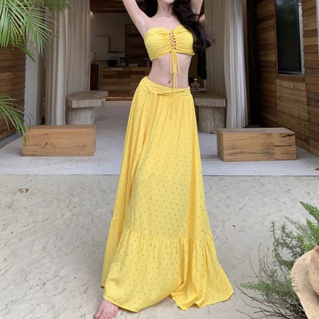 Set: + Mid Crop Tube Maxi Rise A-Line Top Skirt Lace-Up